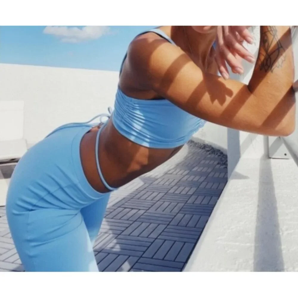 Alo Airbrush High-Waist Cinch Flare Legging Tile Blue Tie-Up Corset Lace Hi-Rise